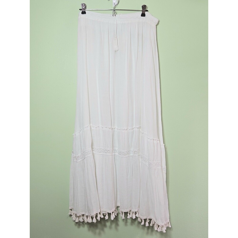 NWT Francesca's Blue Rain Large White Boho Maxi Skirt Tassel Hem Lined Coastal